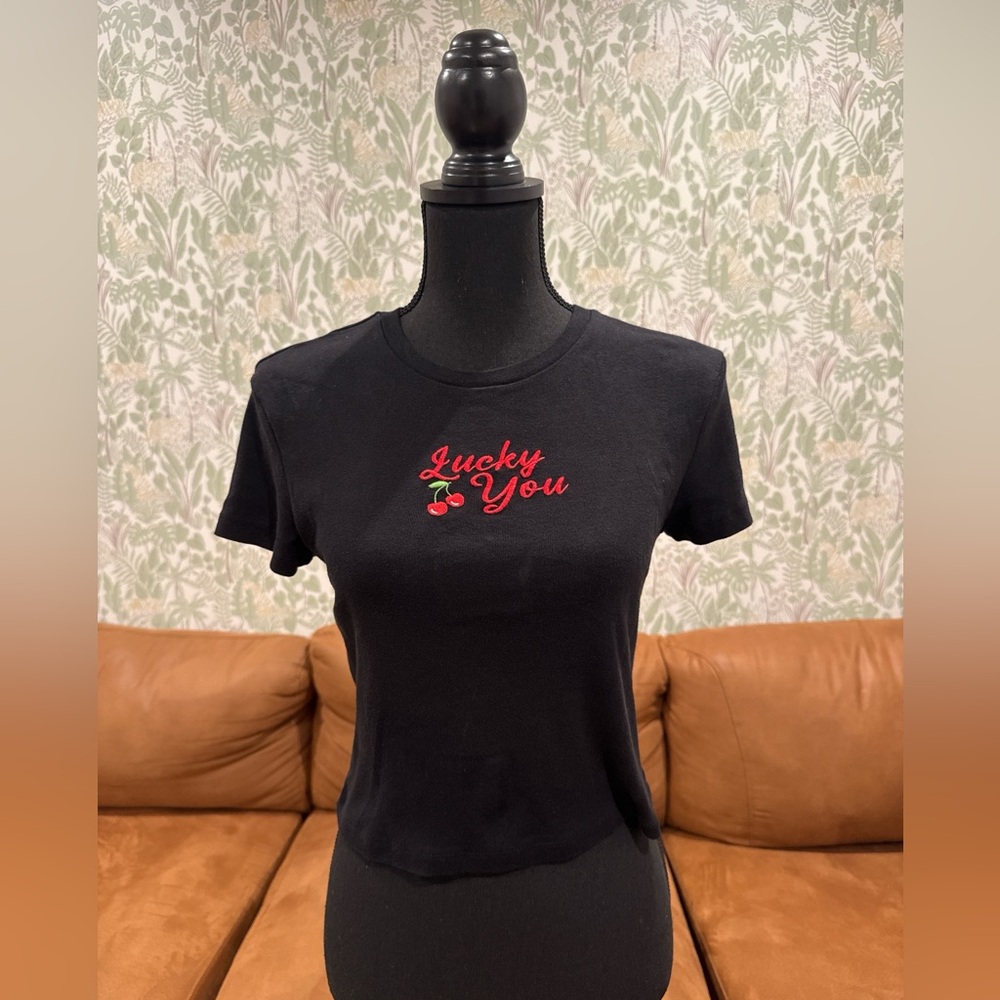 Lucky You Cherry Embroidered Y2K Baby Tee – Size L